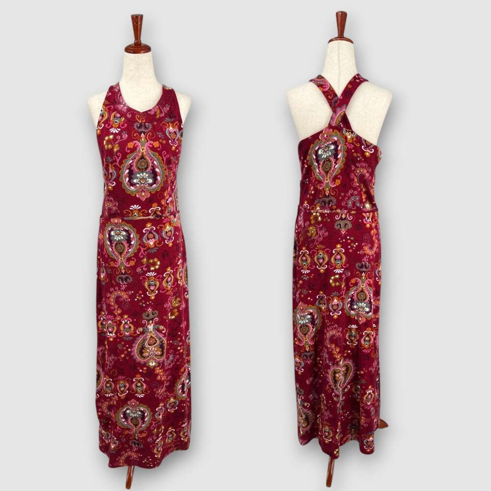 Vintage Burgundy Paisley Medallion Crossback Boho Maxi Dress